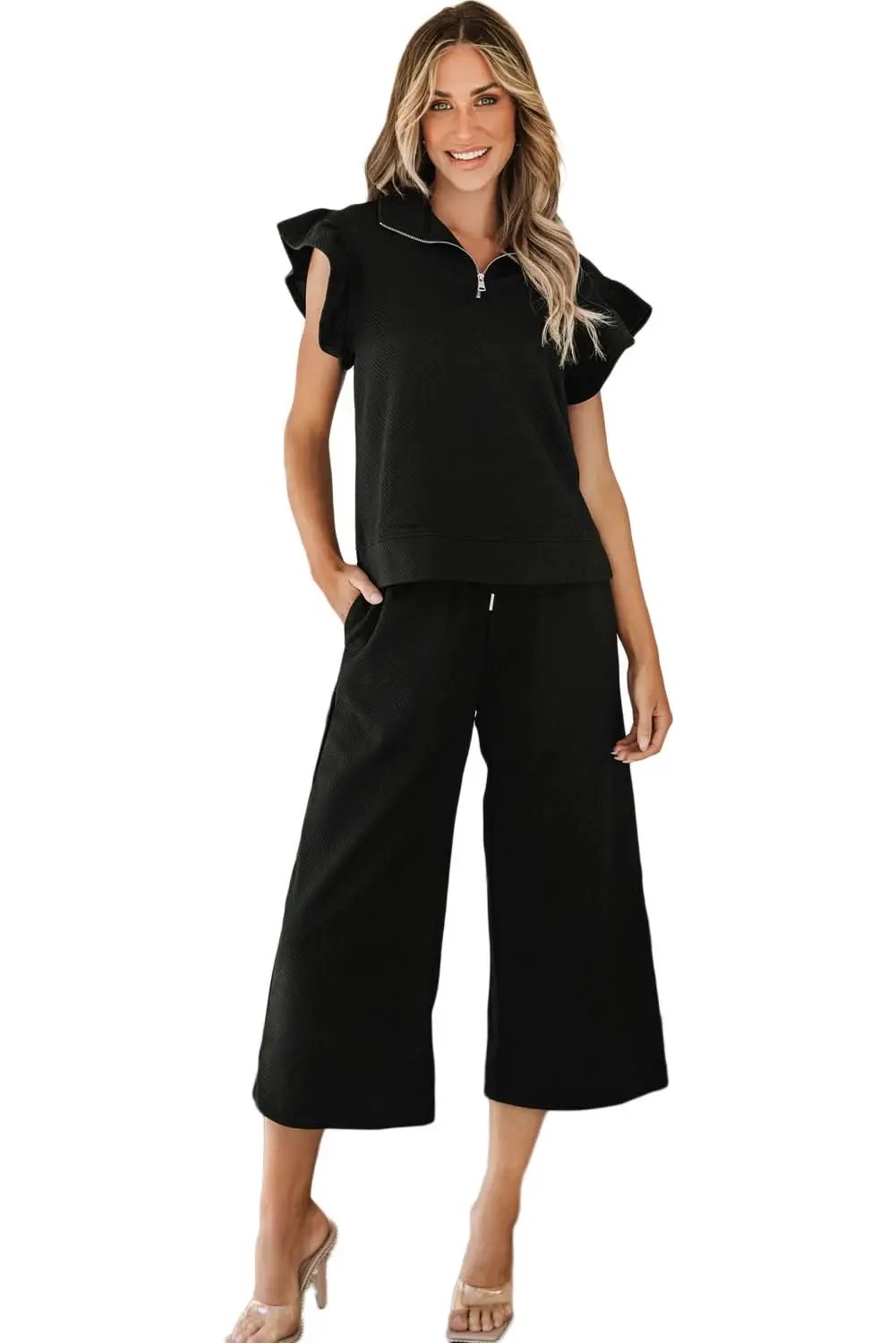 Black Textured Flutter Sleeve Top Wide Leg Pants Set - Love Salve